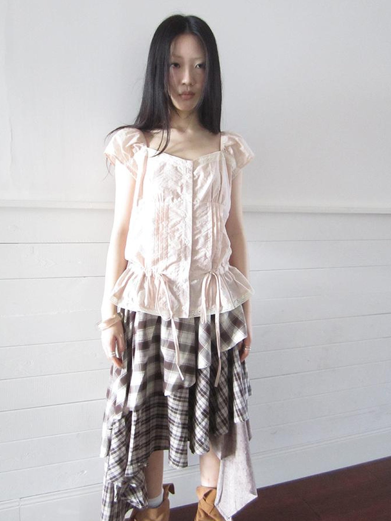 ang project Lace Trimmed Tied Waist Pleated Short Sleeve Blouse