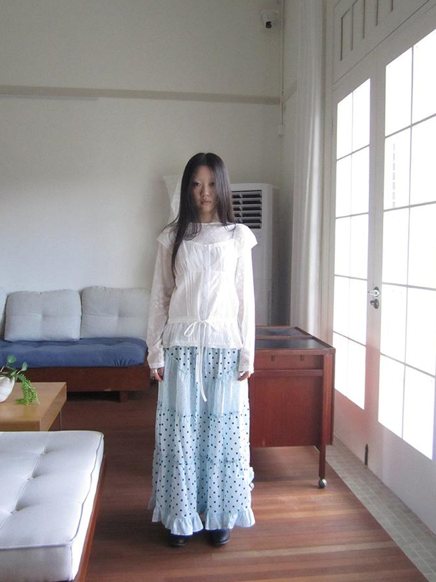 ang project Lace Trimmed Tied Waist Pleated Short Sleeve Blouse