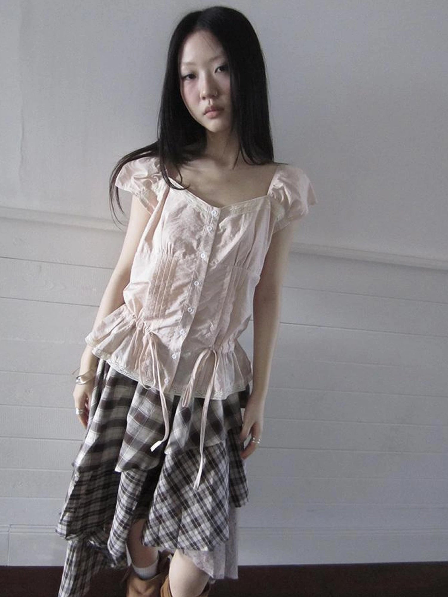 Lace Trimmed Tied Waist Pleated Short Sleeve Blouse