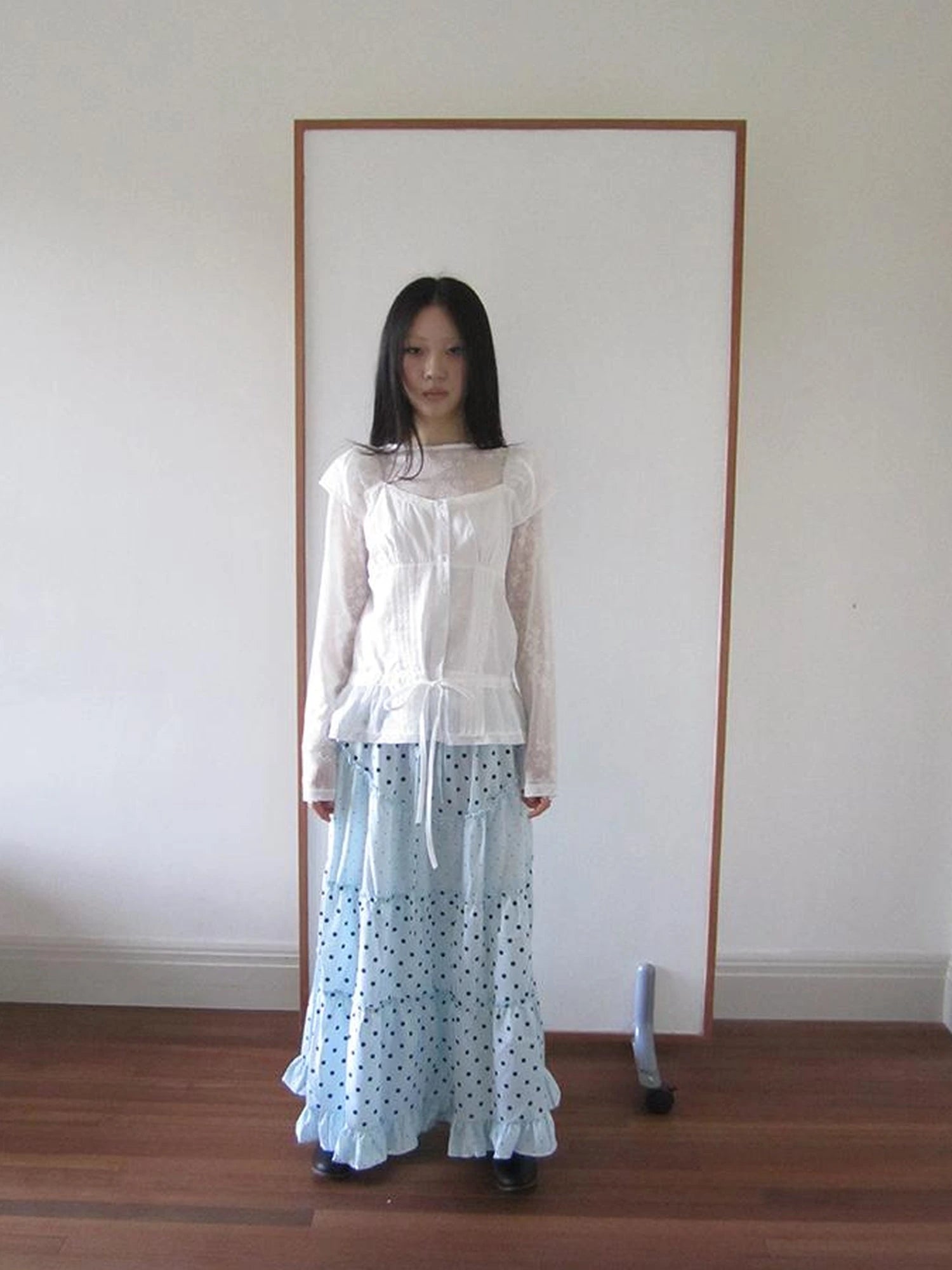 Lace Trimmed Tied Waist Pleated Short Sleeve Blouse