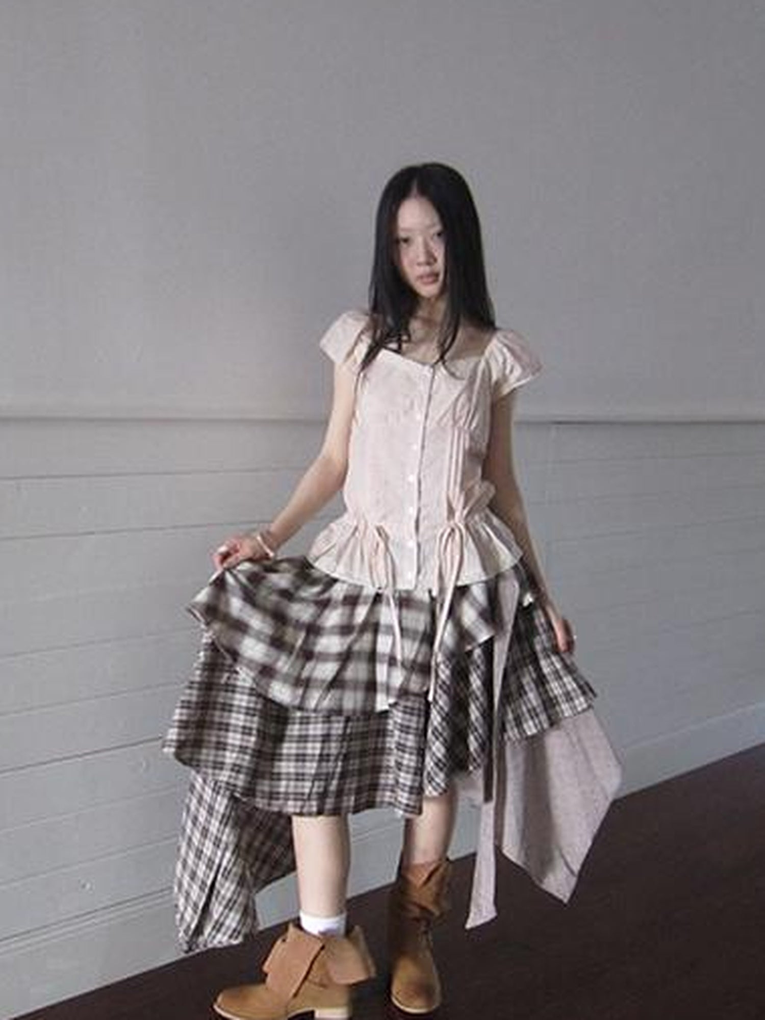 ang project Lace Trimmed Tied Waist Pleated Short Sleeve Blouse