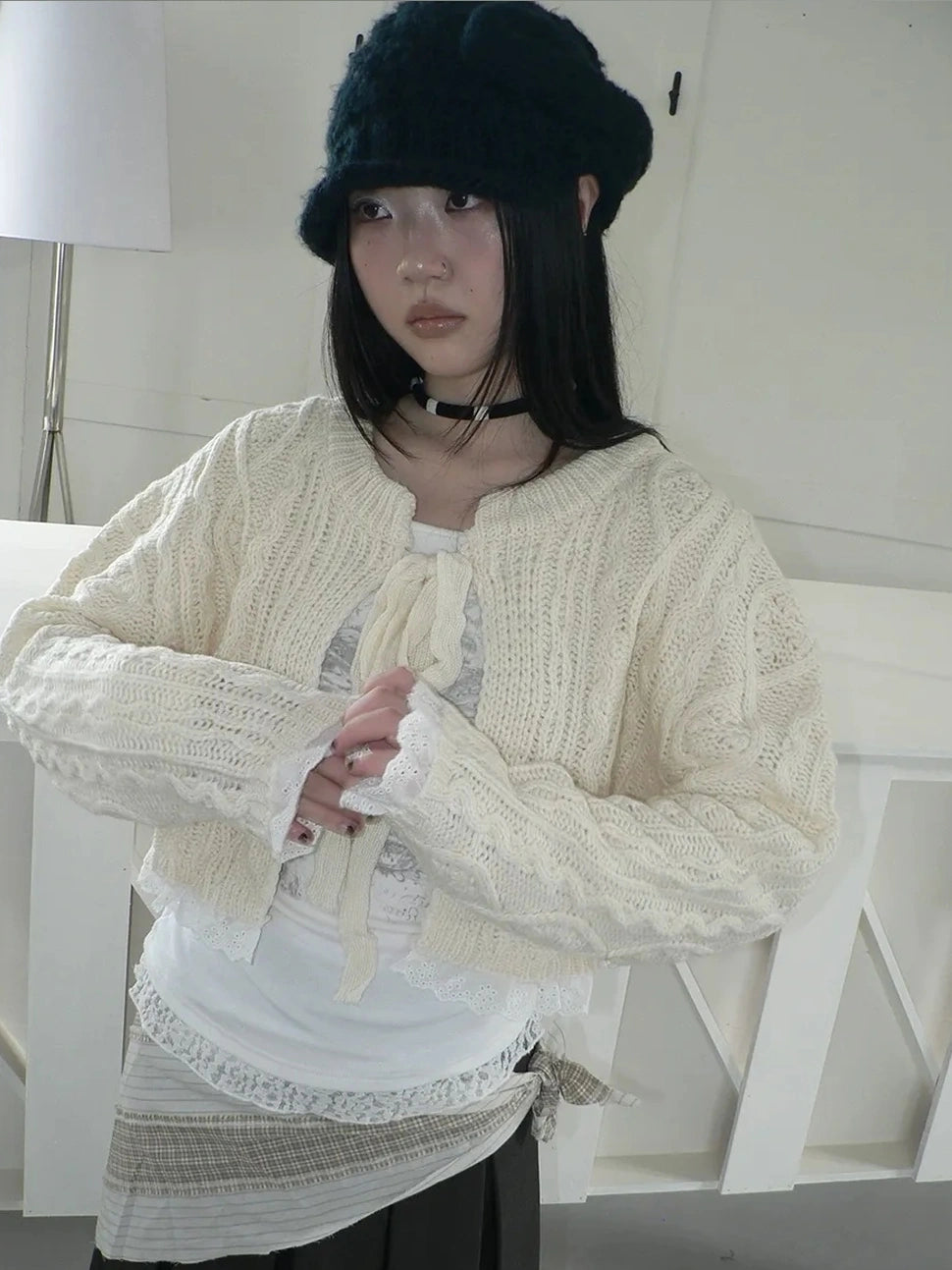 ang project Layered Lace Trim Cropped Cable Knit Sweater Sweater