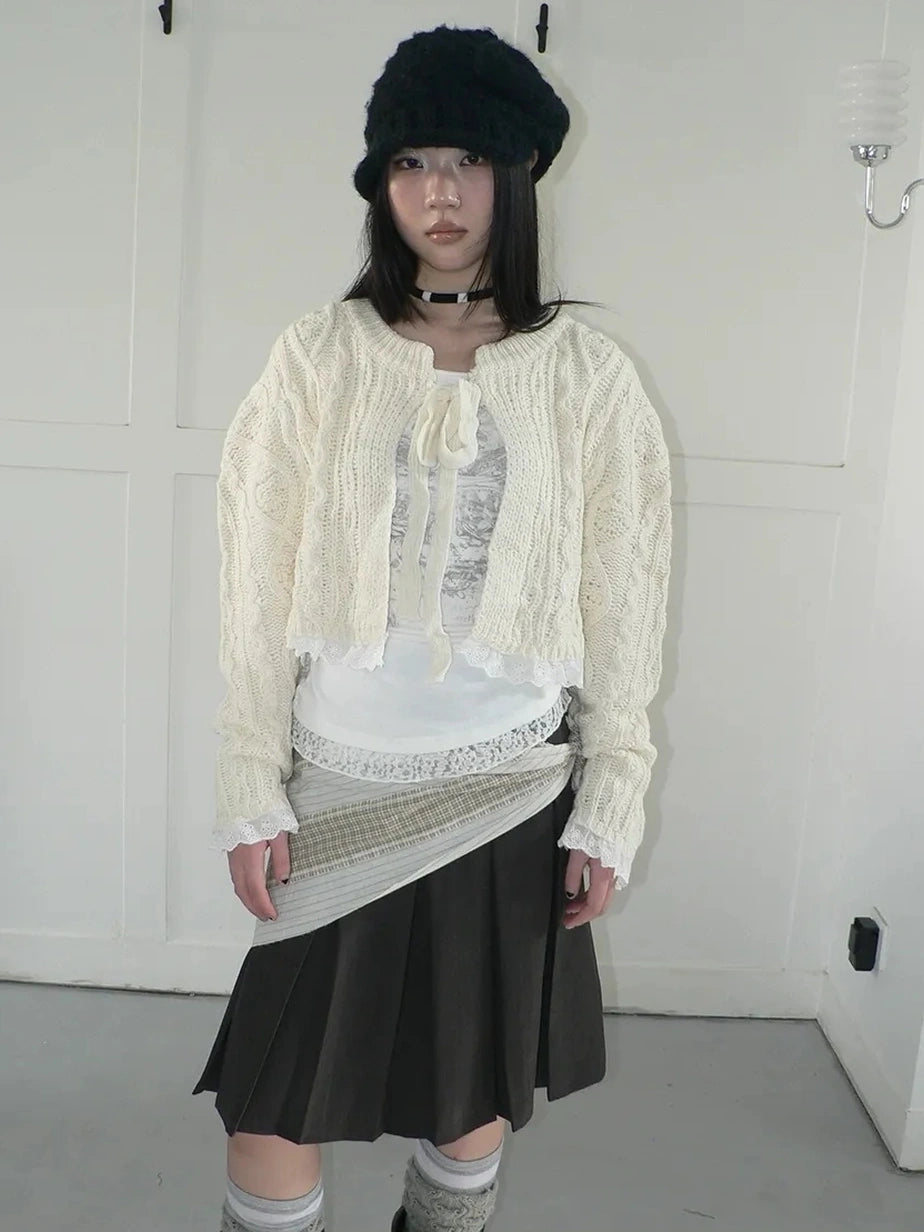 ang project Layered Lace Trim Cropped Cable Knit Sweater Sweater