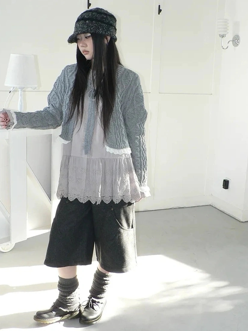 ang project Layered Lace Trim Cropped Cable Knit Sweater Sweater