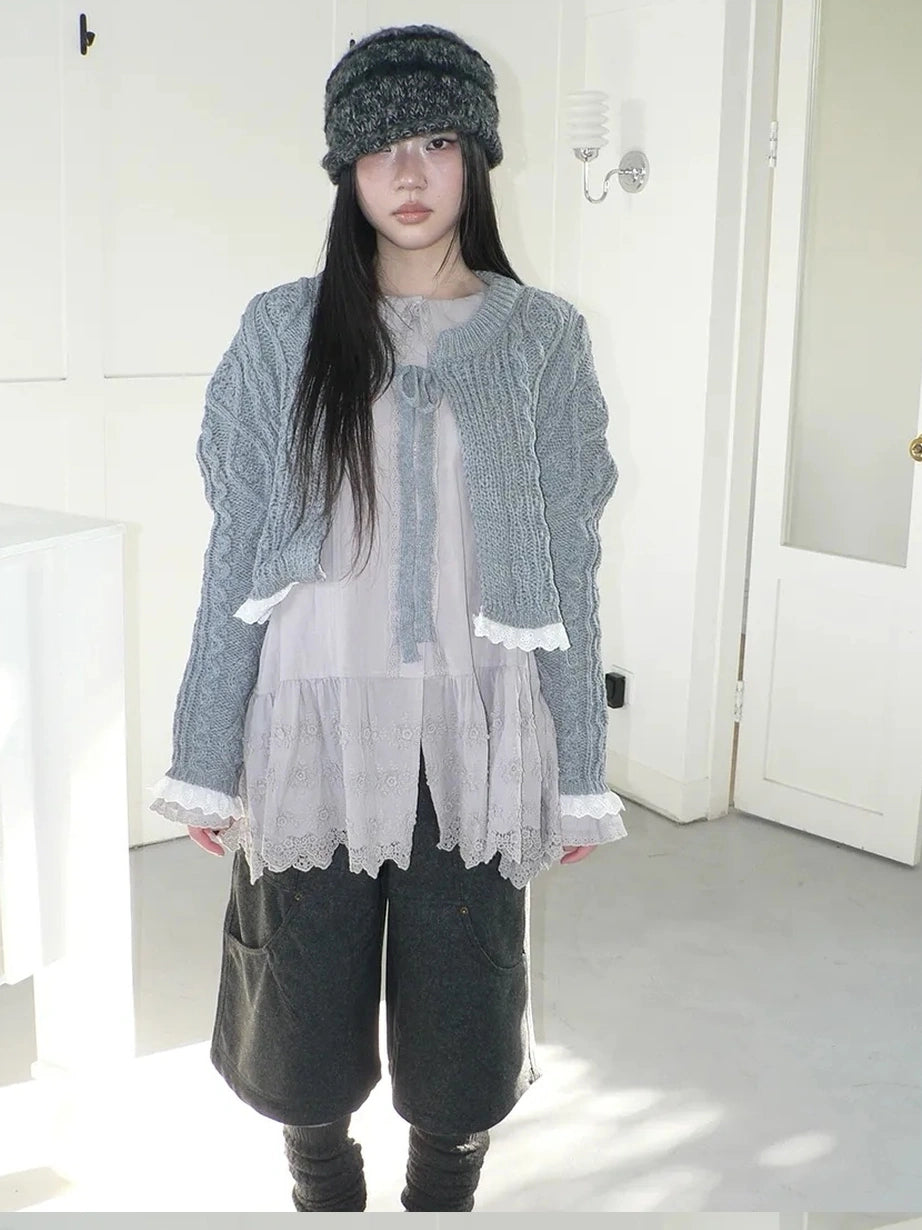 ang project Layered Lace Trim Cropped Cable Knit Sweater Sweater