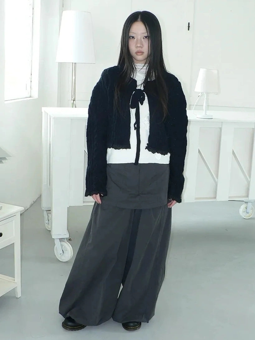 ang project Layered Lace Trim Cropped Cable Knit Sweater Sweater