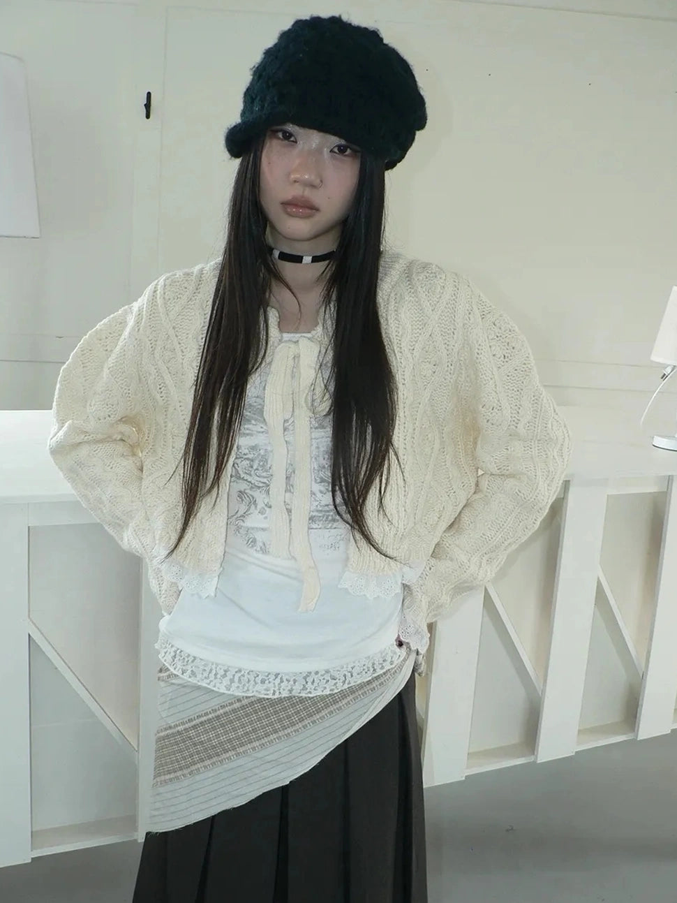 ang project Layered Lace Trim Cropped Cable Knit Sweater Sweater