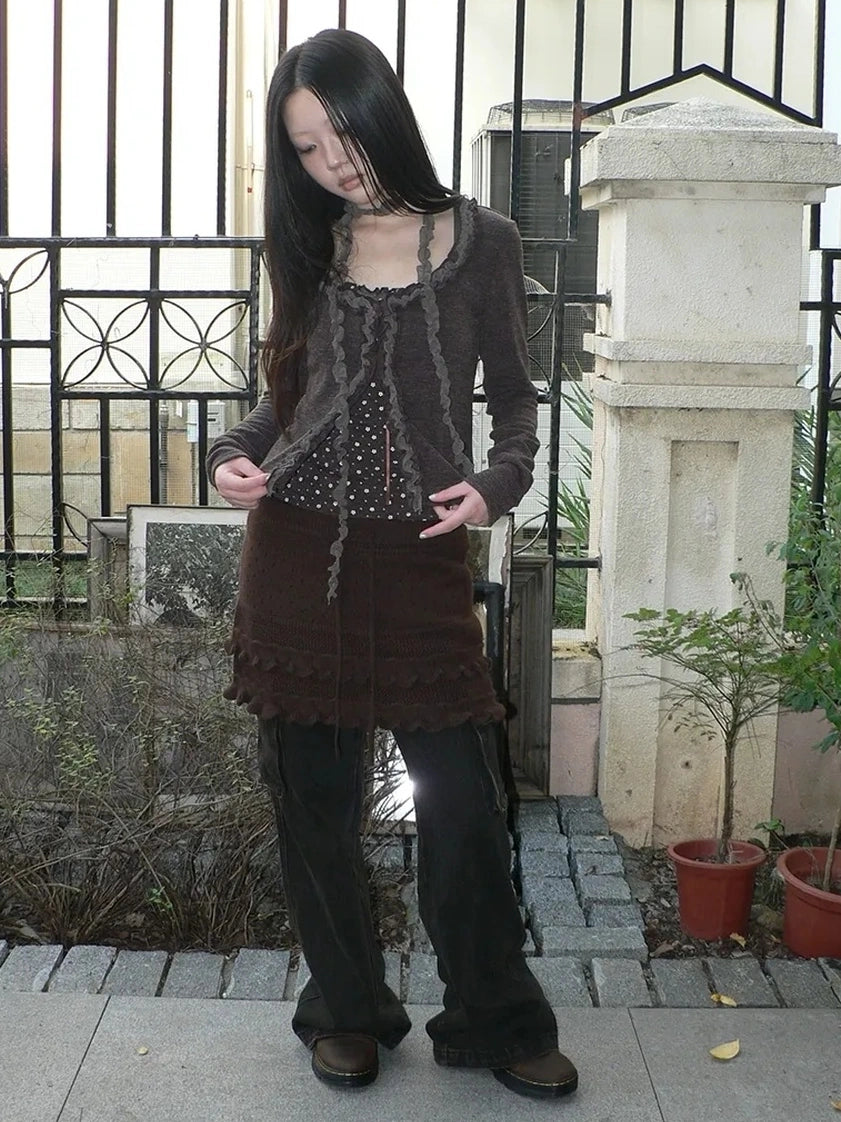 ang project Layered Lace Trim Drawstring Knit Mini Skirt Skirt