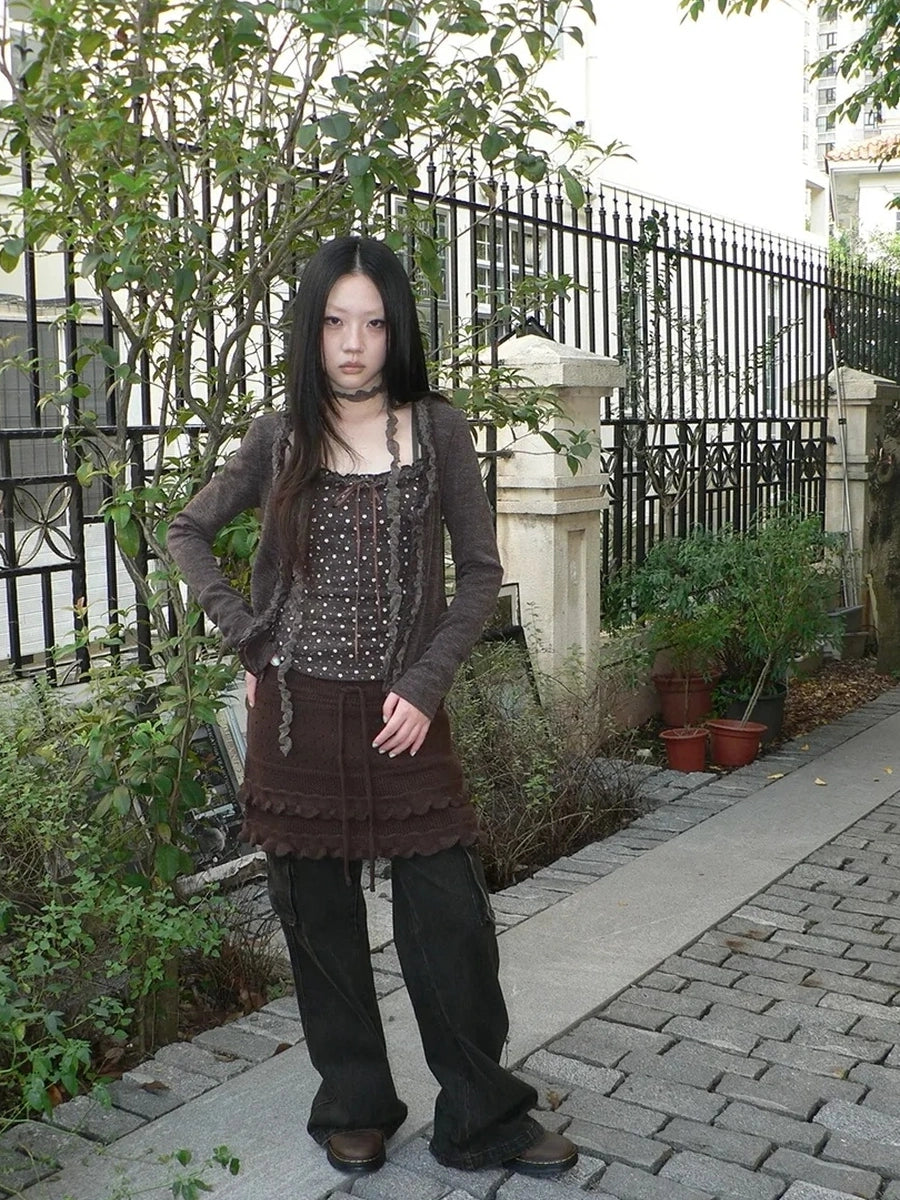 ang project Layered Lace Trim Drawstring Knit Mini Skirt Skirt