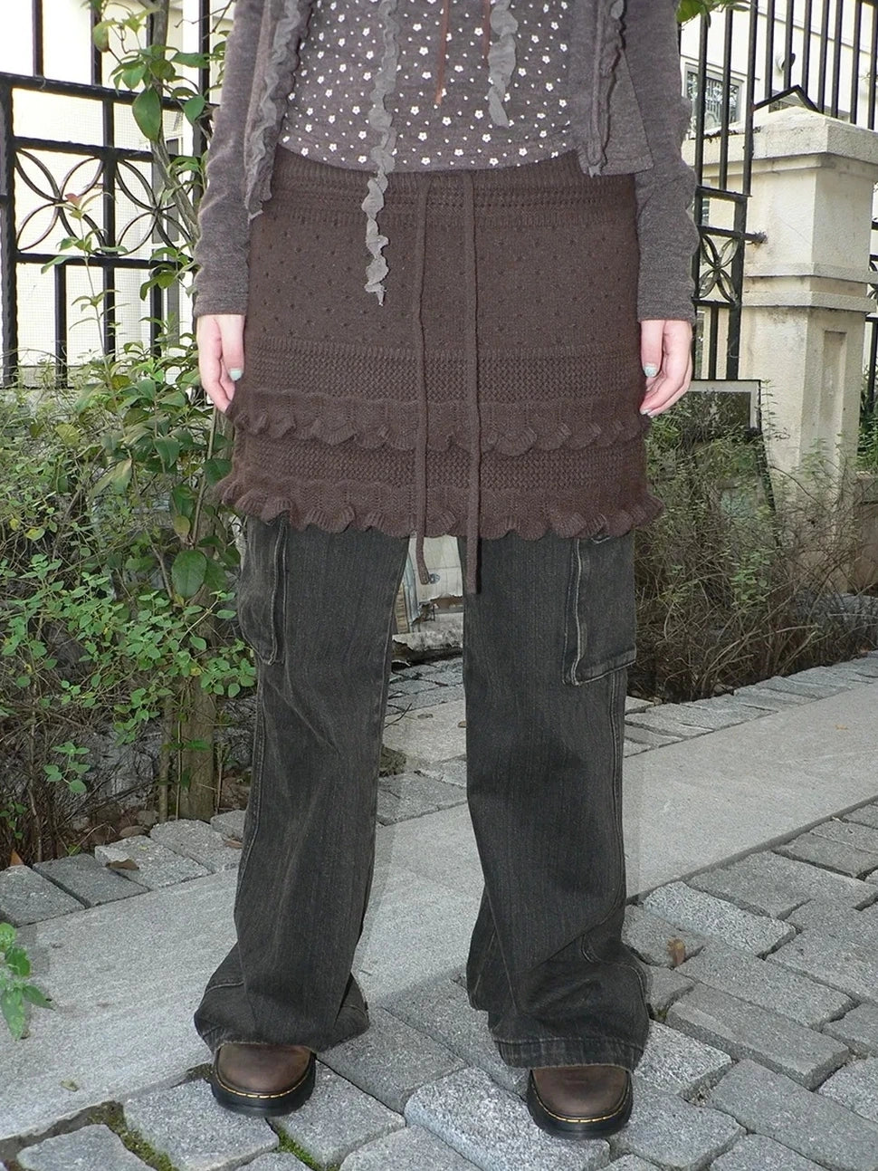 ang project Layered Lace Trim Drawstring Knit Mini Skirt Skirt