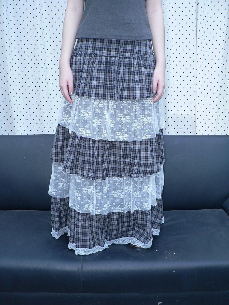ang project Layered Plaid Patchwork Floral Mesh Lace Women&
