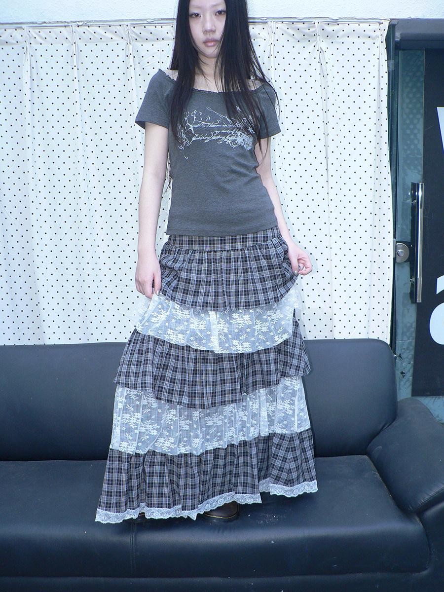 ang project Layered Plaid Patchwork Floral Mesh Lace Women&