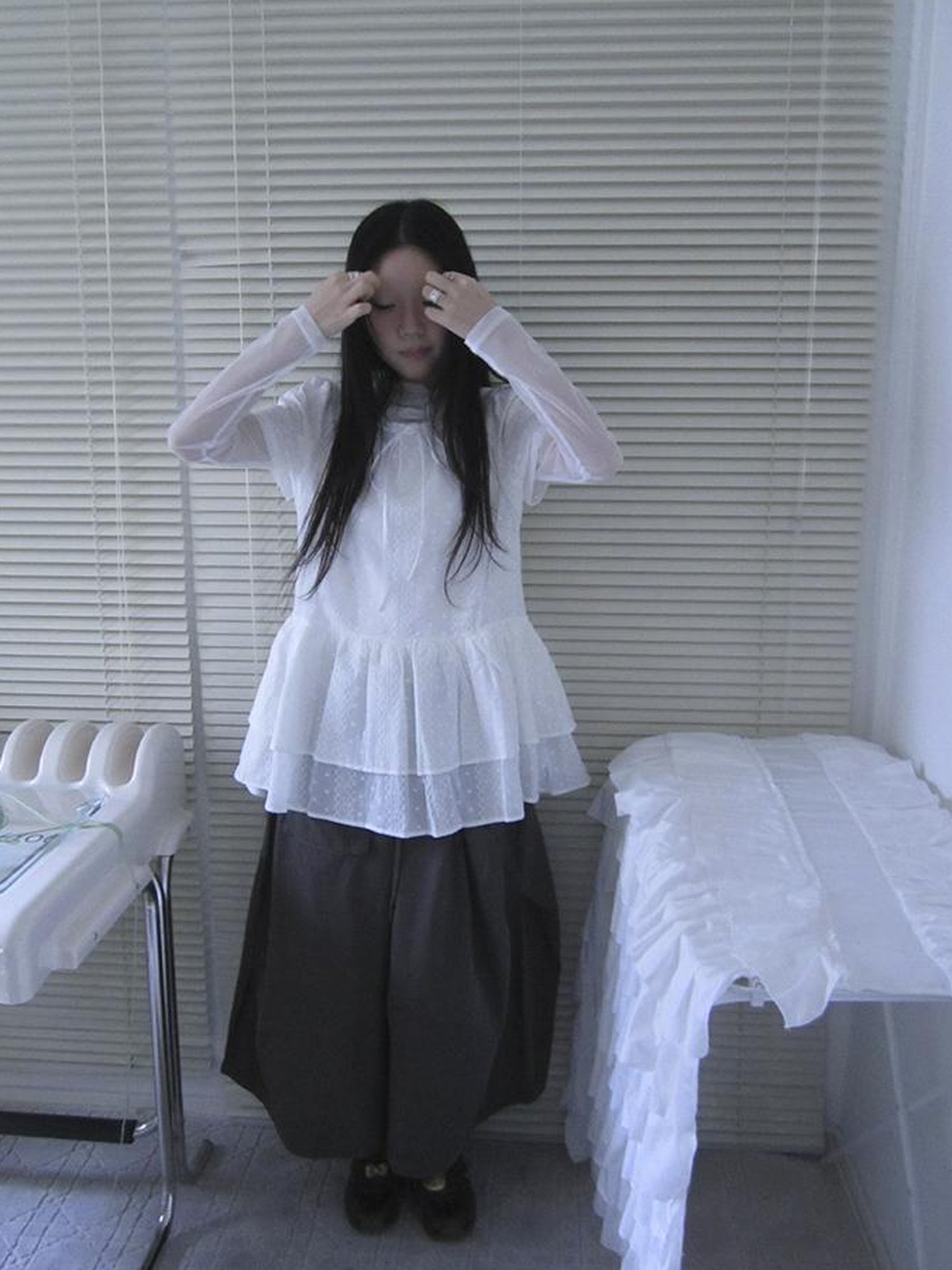 Updateang project Layered White Mesh See Through Collared Long Sleeve Top