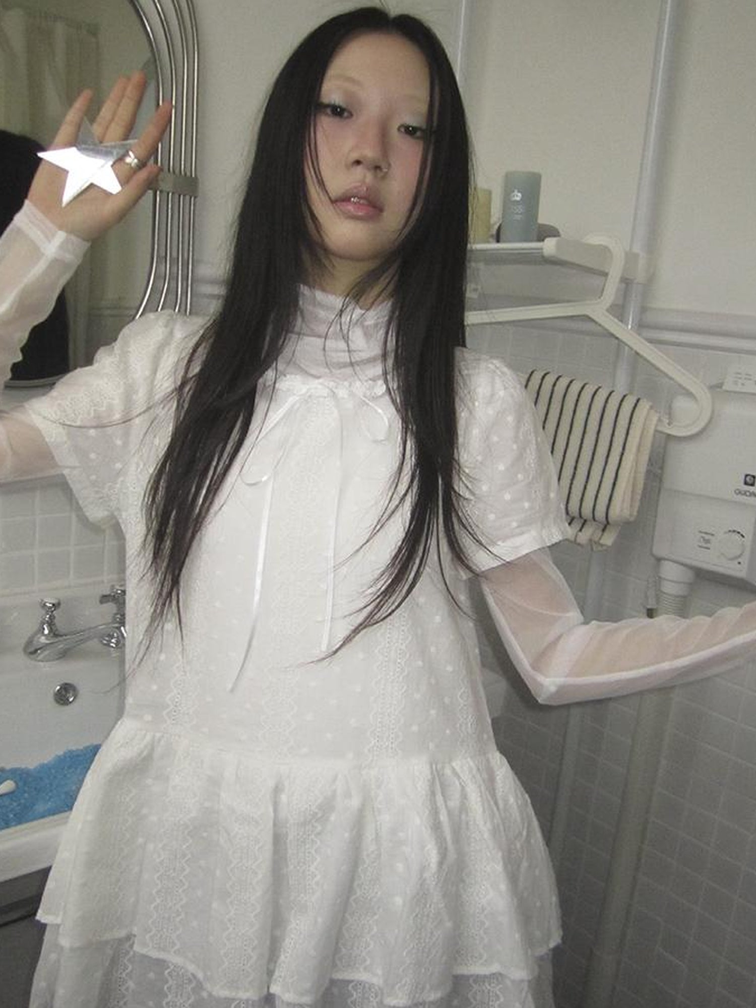 Updateang project Layered White Mesh See Through Collared Long Sleeve Top