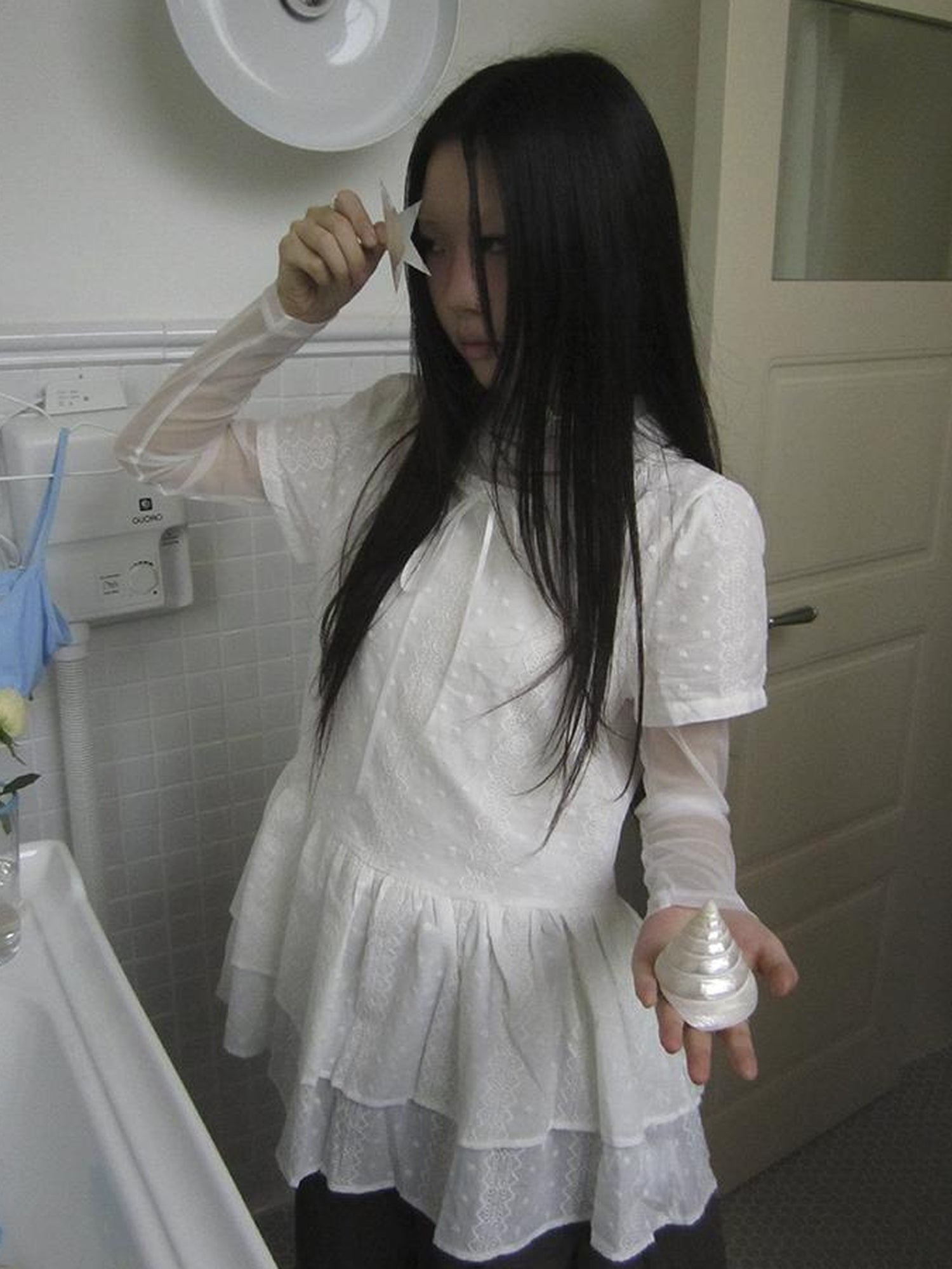 Updateang project Layered White Mesh See Through Collared Long Sleeve Top