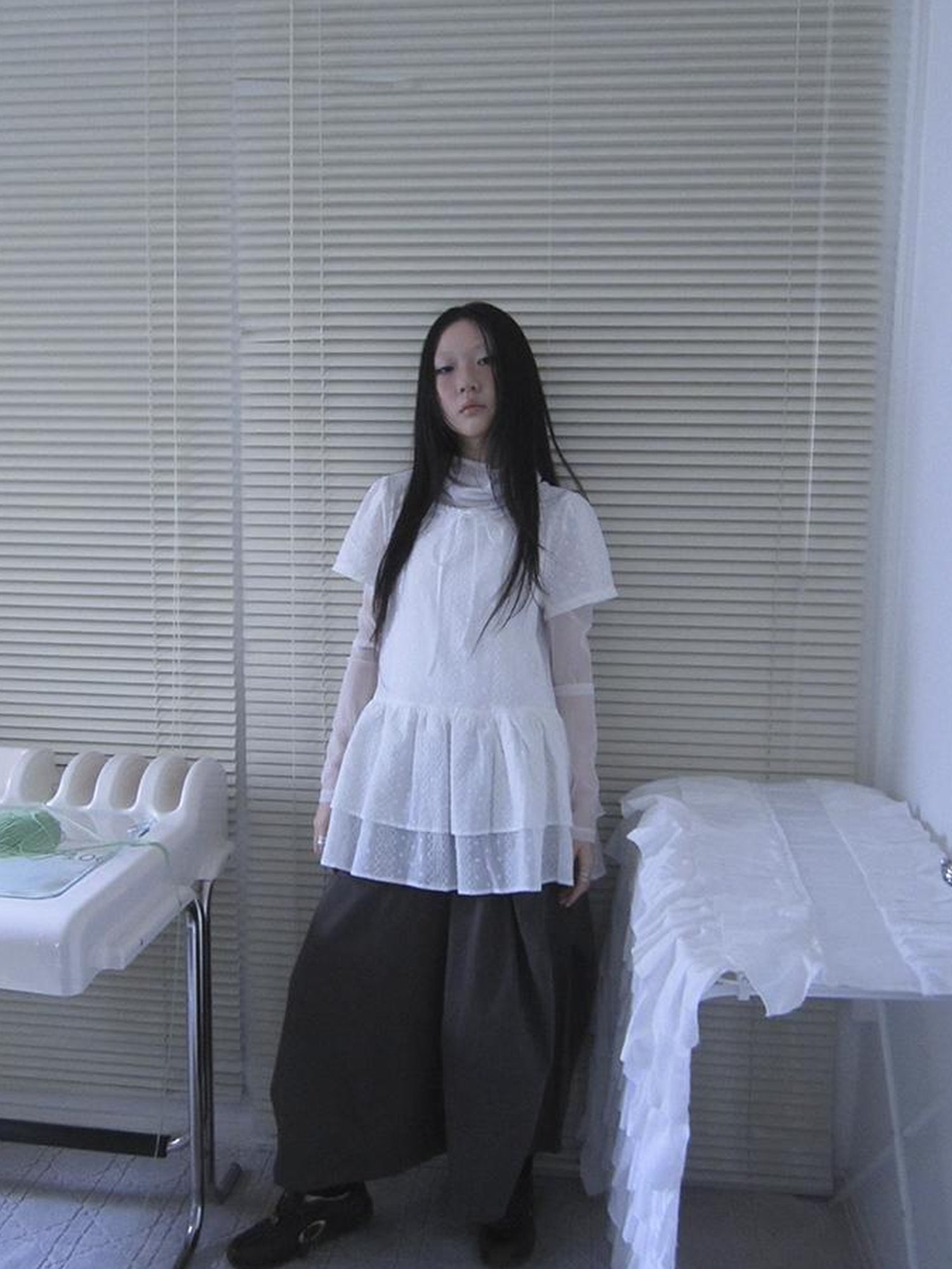 Updateang project Layered White Mesh See Through Collared Long Sleeve Top