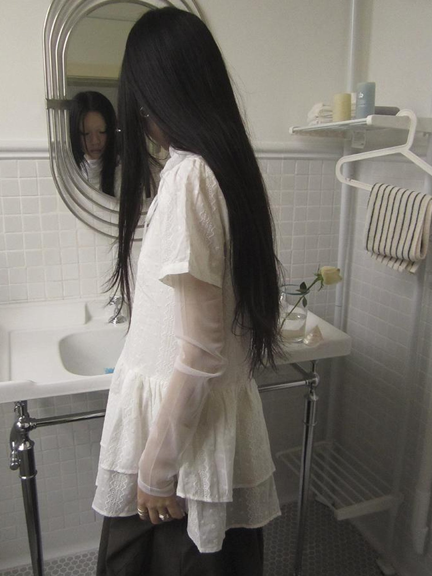 Updateang project Layered White Mesh See Through Collared Long Sleeve Top