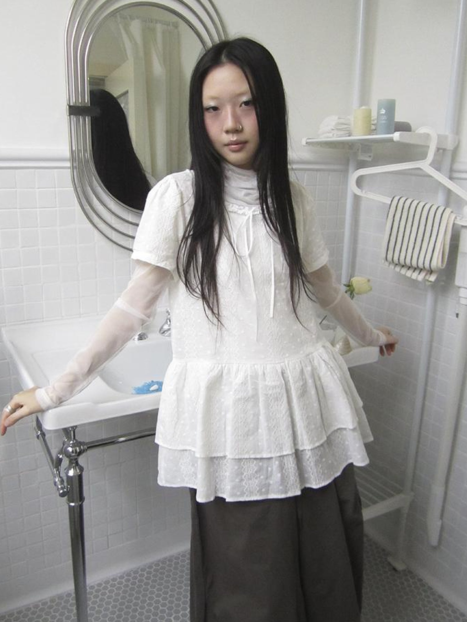 Updateang project Layered White Mesh See Through Collared Long Sleeve Top