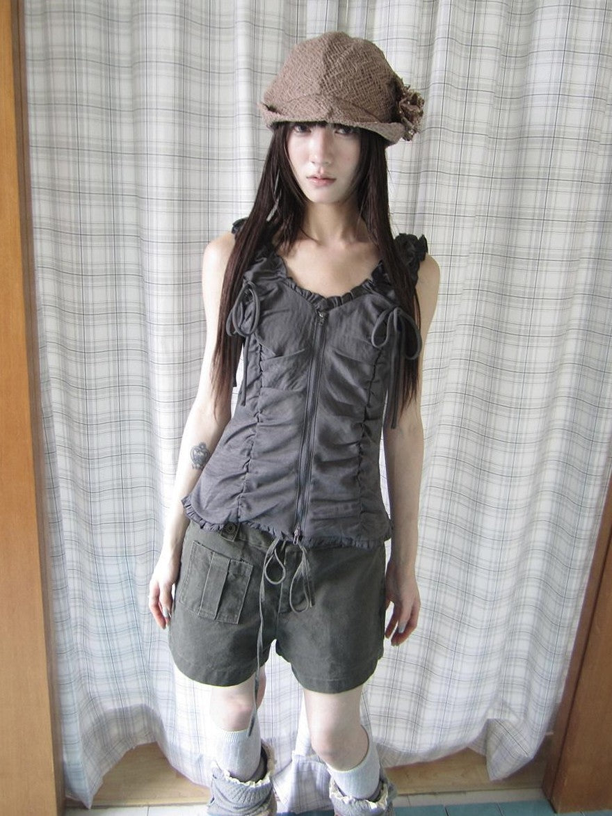 ang project Lettuce Hem Ruched Tie Double Zipper V-neck Cropped Slim Fit Women&
