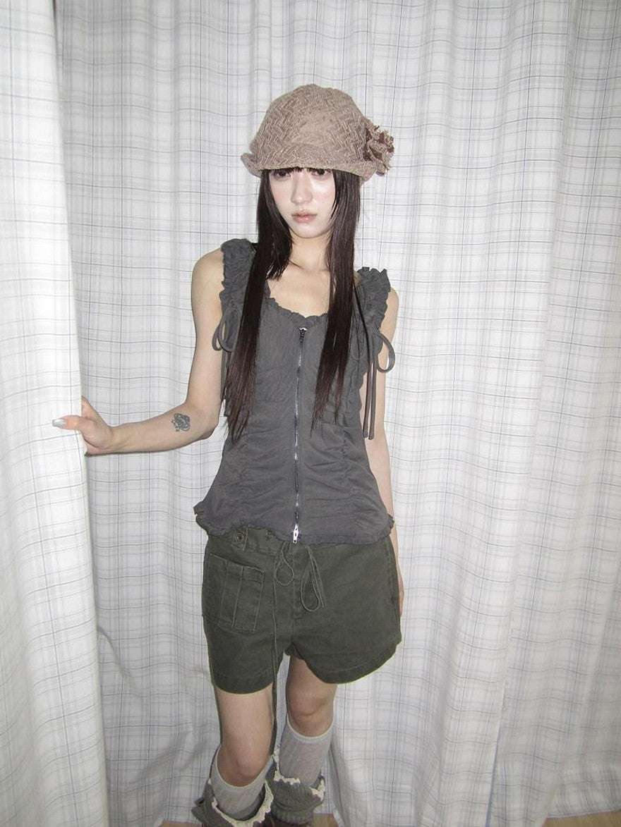 ang project Lettuce Hem Ruched Tie Double Zipper V-neck Cropped Slim Fit Women&