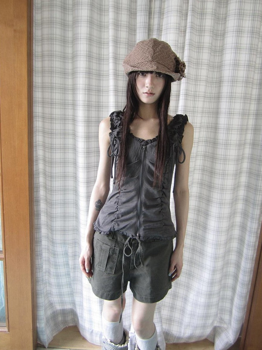 ang project Lettuce Hem Ruched Tie Double Zipper V-neck Cropped Slim Fit Women&