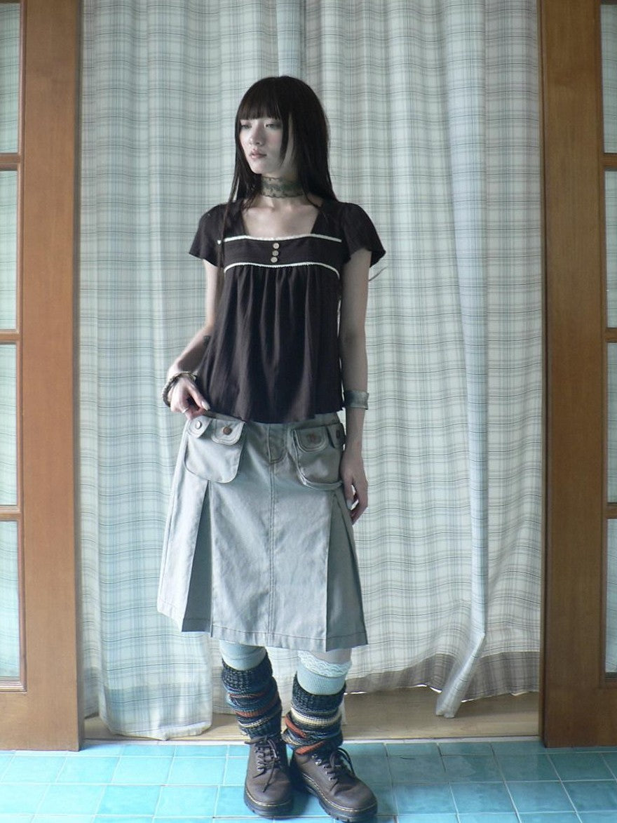 ang project Light Gray Exposed Stitch Pleated 3D Pocket Vintage Women&