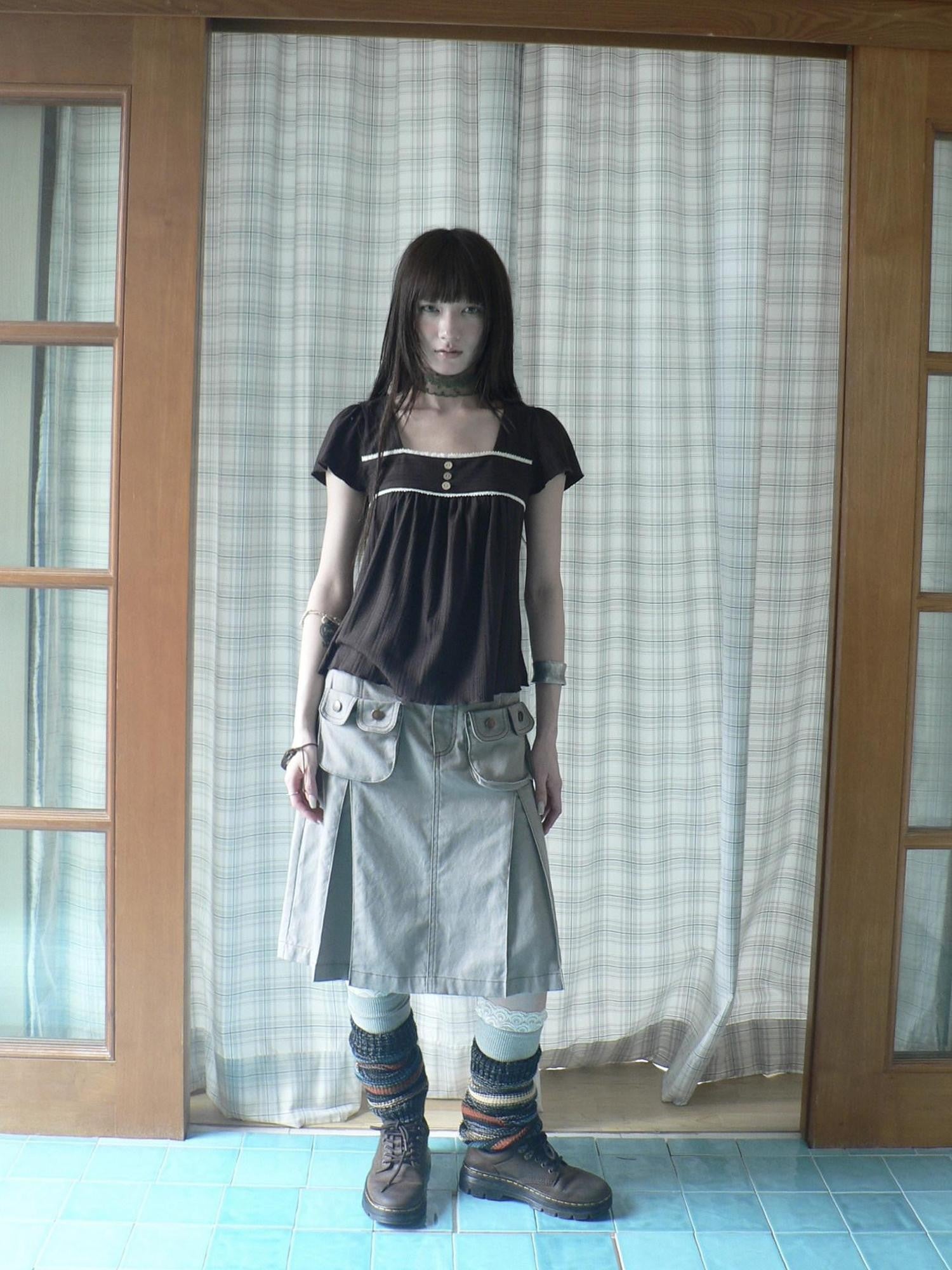 ang project Light Gray Exposed Stitch Pleated 3D Pocket Vintage Women&