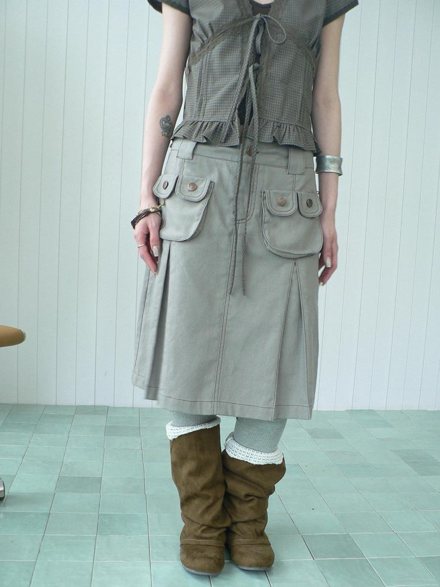 ang project Light Gray Exposed Stitch Pleated 3D Pocket Vintage Women&