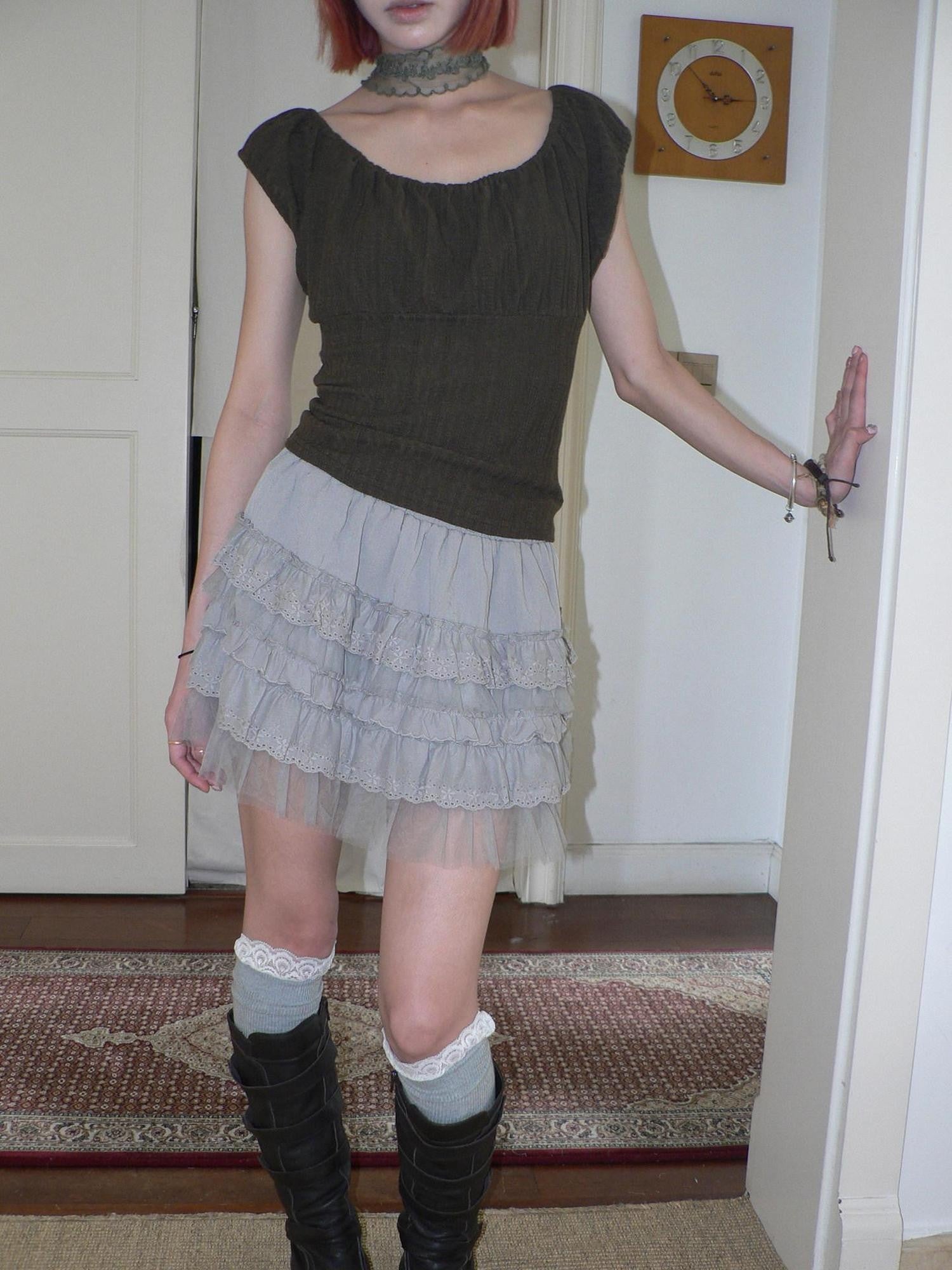ang project Light Gray Lace Mesh Cutout Spliced Tiered Women&