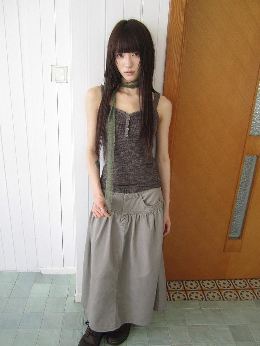 ang project Light Gray Mocha Button Lace Spliced Cropped Slim Fit Women&