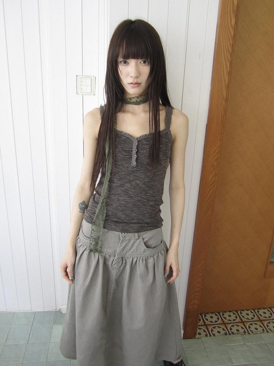 ang project Light Gray Mocha Button Lace Spliced Cropped Slim Fit Women&