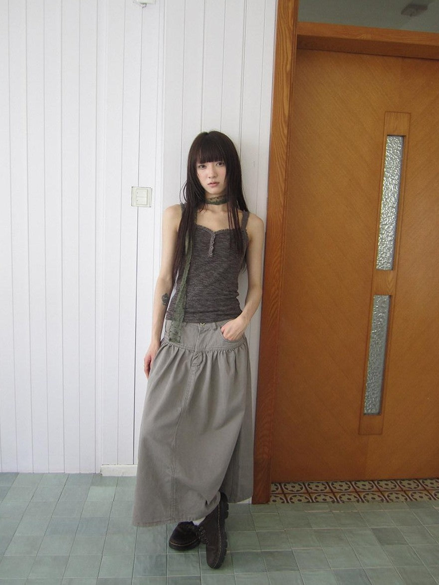 ang project Light Gray Mocha Button Lace Spliced Cropped Slim Fit Women&