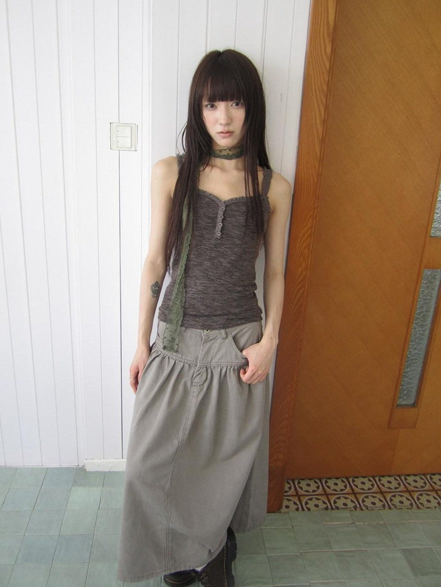 ang project Light Gray Mocha Button Lace Spliced Cropped Slim Fit Women&