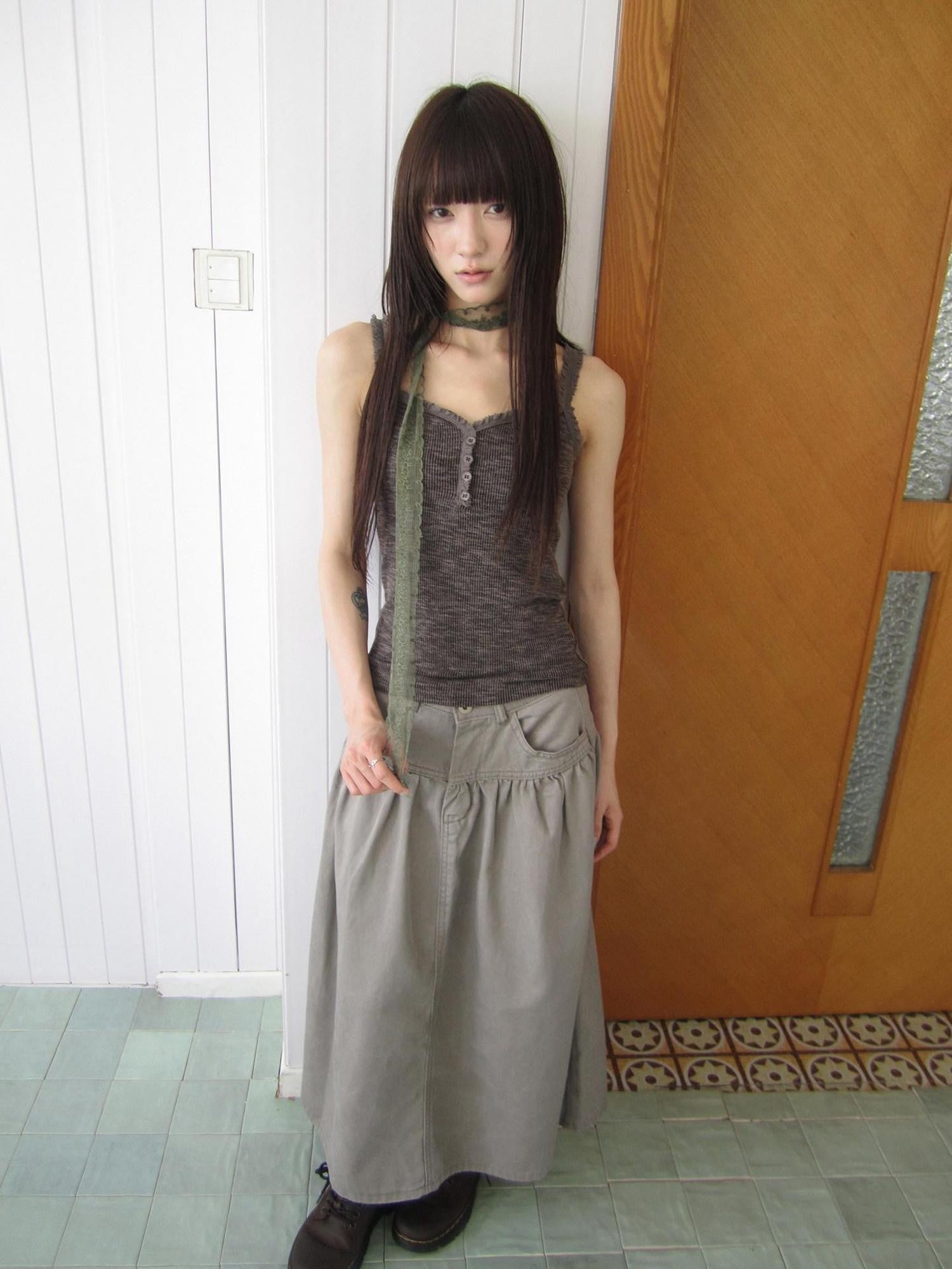 ang project Light Gray Mocha Button Lace Spliced Cropped Slim Fit Women&