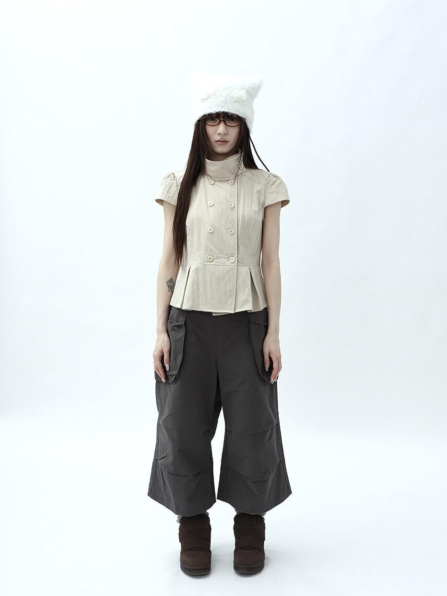 ang project Light Khaki Pleated Stand Collar Double Button Women&