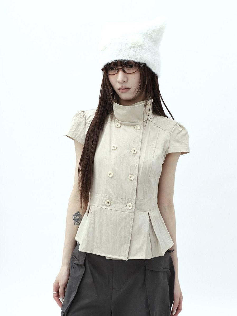 ang project Light Khaki Pleated Stand Collar Double Button Women&