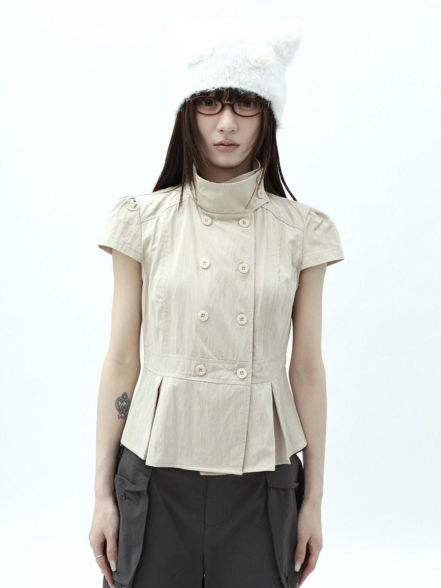 ang project Light Khaki Pleated Stand Collar Double Button Women&