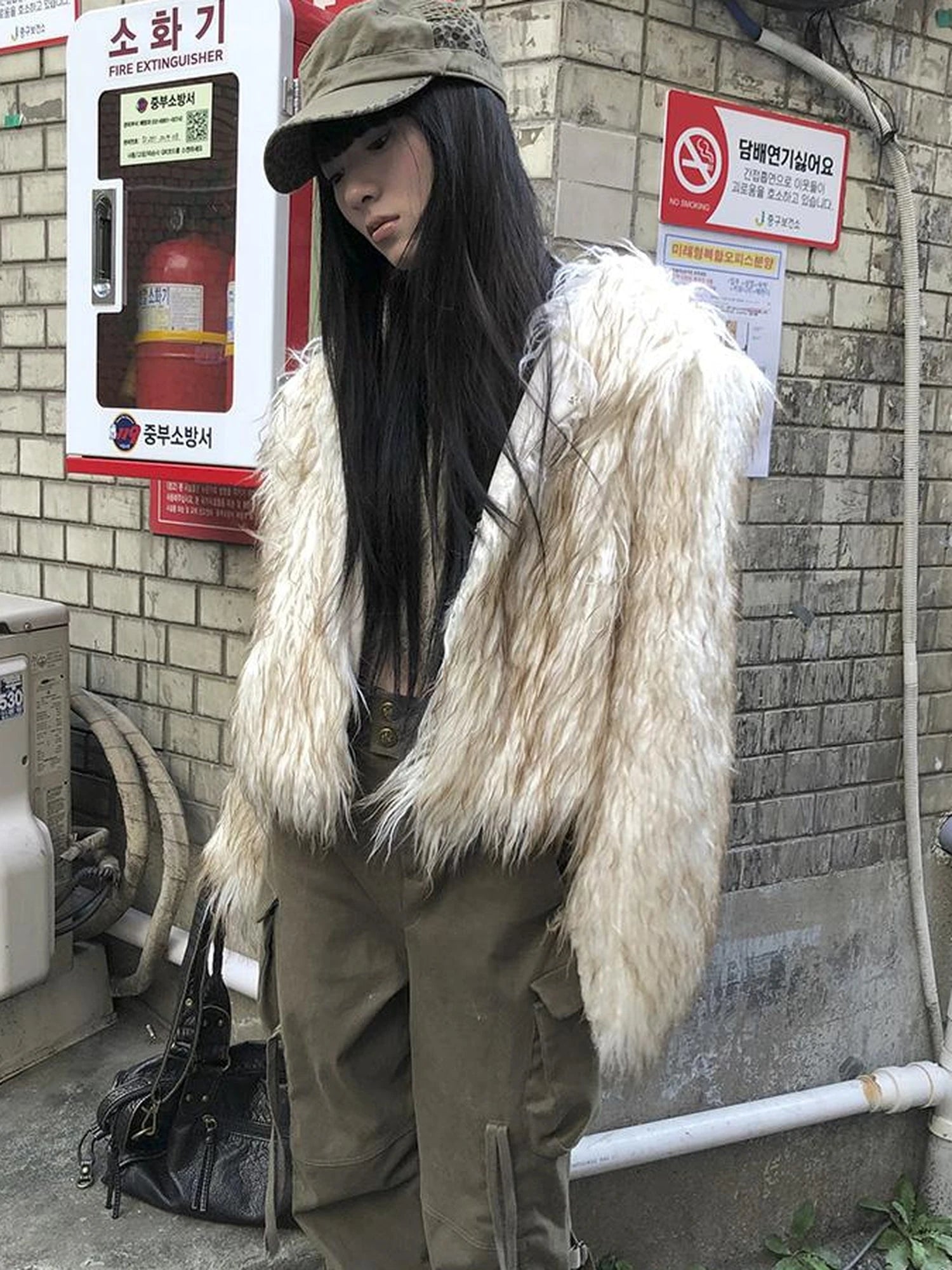 Light Winter Eco Fur Coat Women Color Block Design