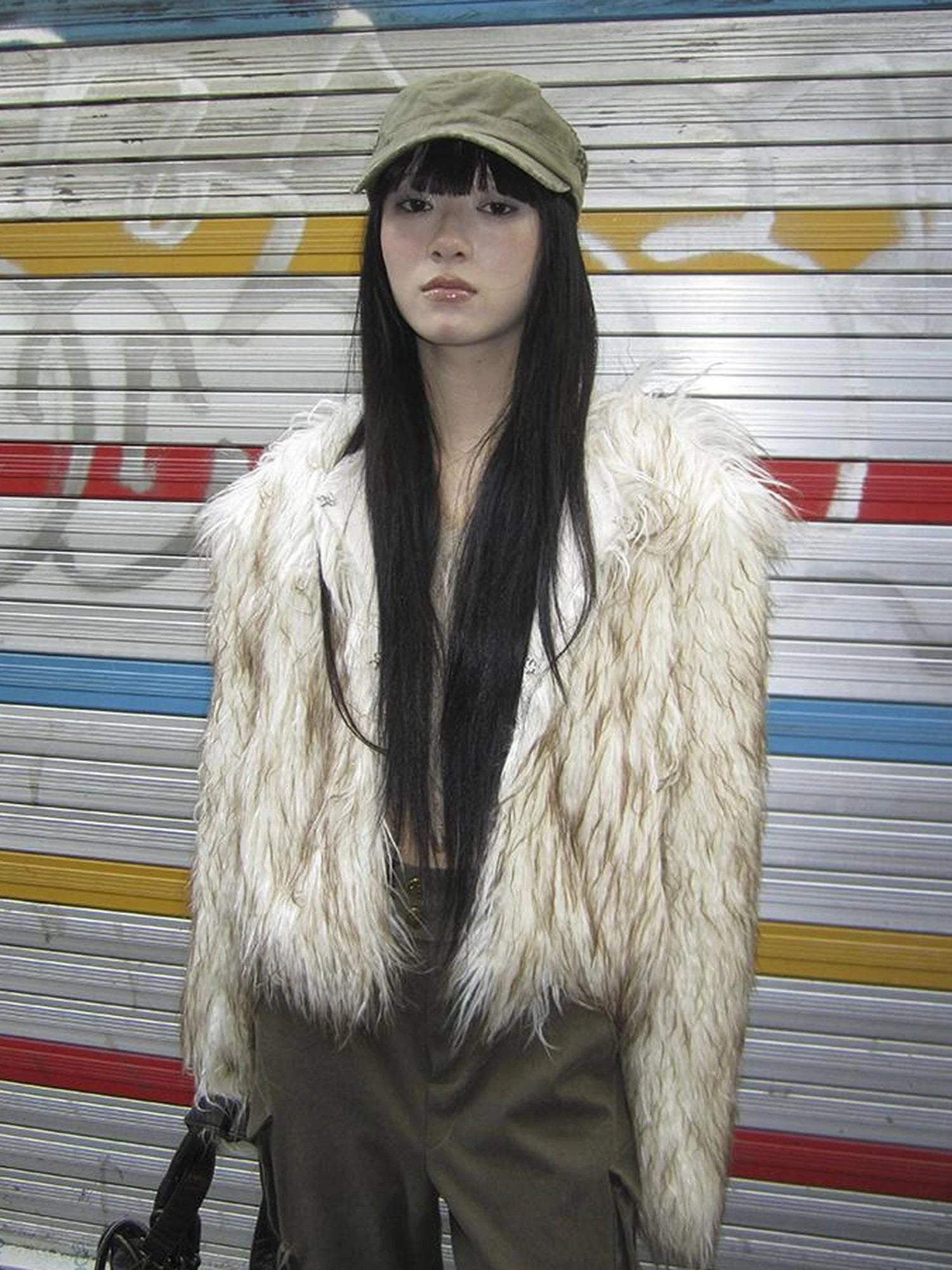 Light Winter Eco Fur Coat Women Color Block Design