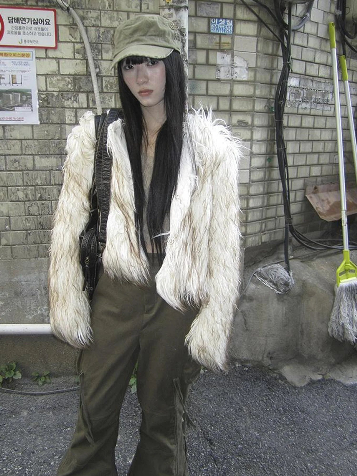 Light Winter Eco Fur Coat Women Color Block Design