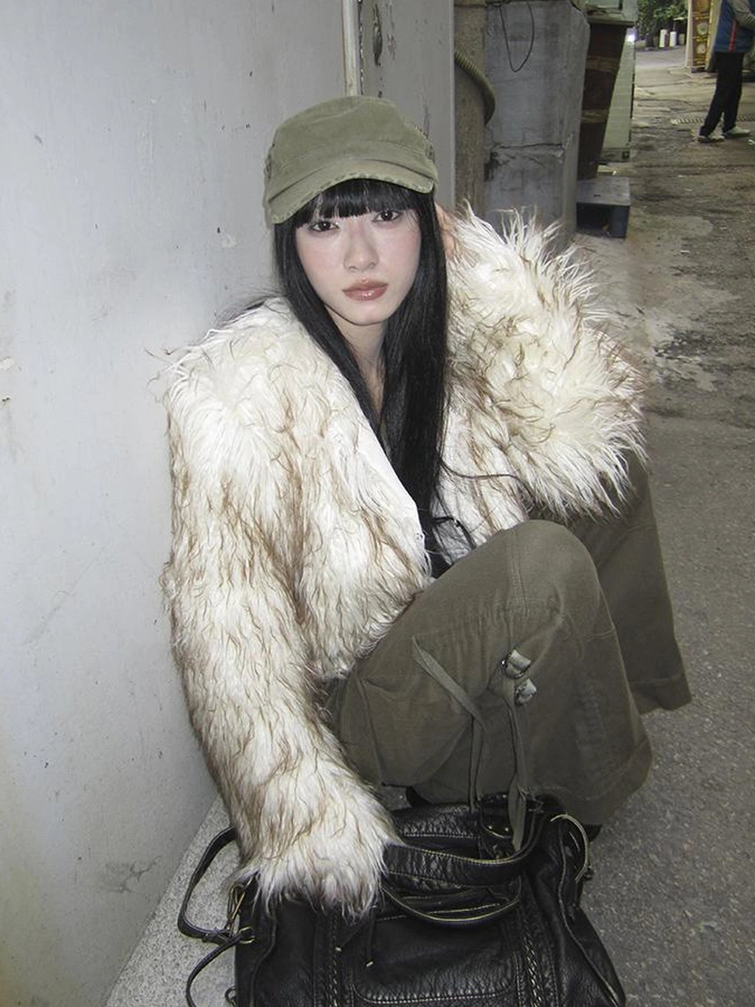 Light Winter Eco Fur Coat Women Color Block Design