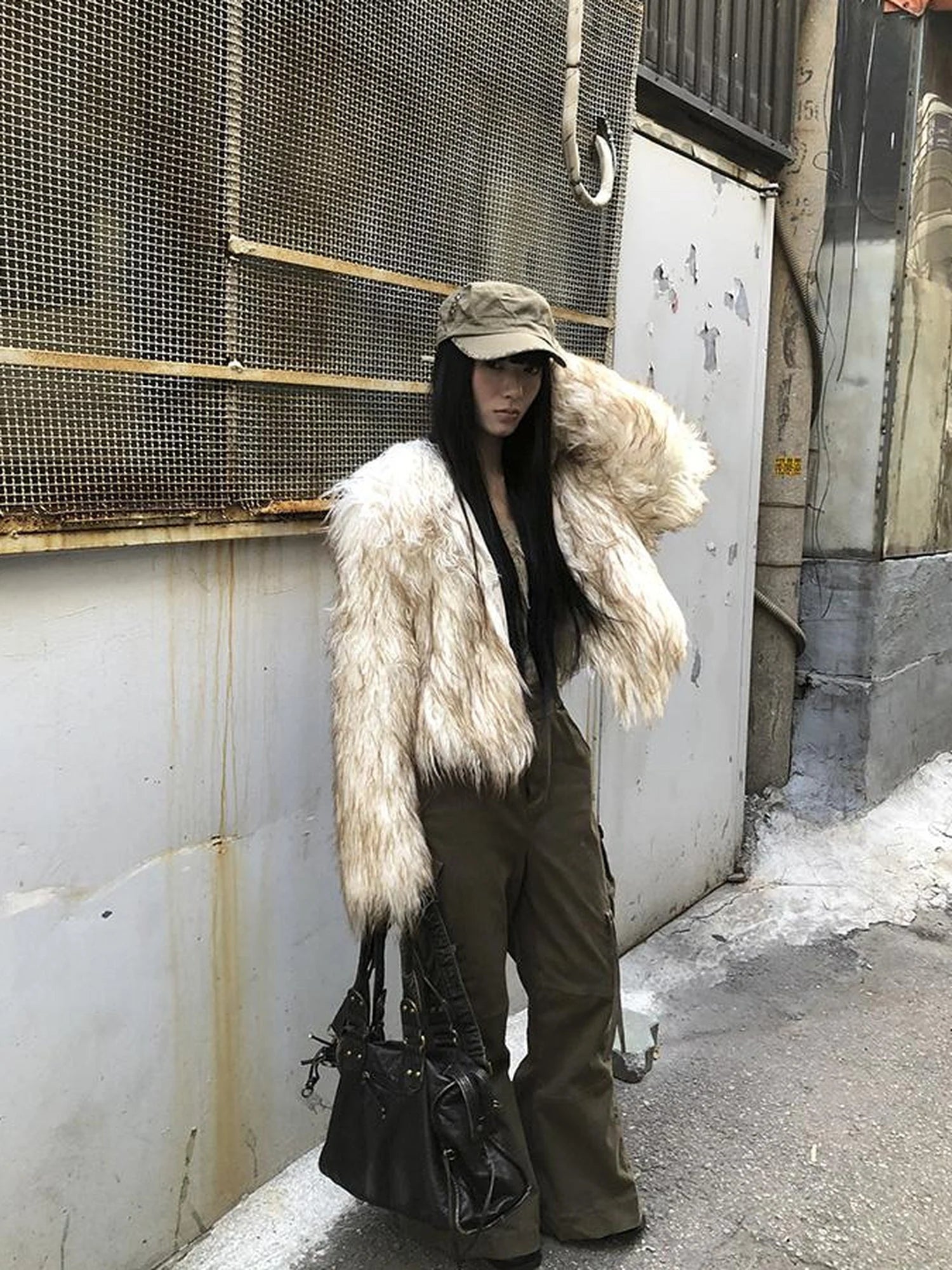 Light Winter Eco Fur Coat Women Color Block Design