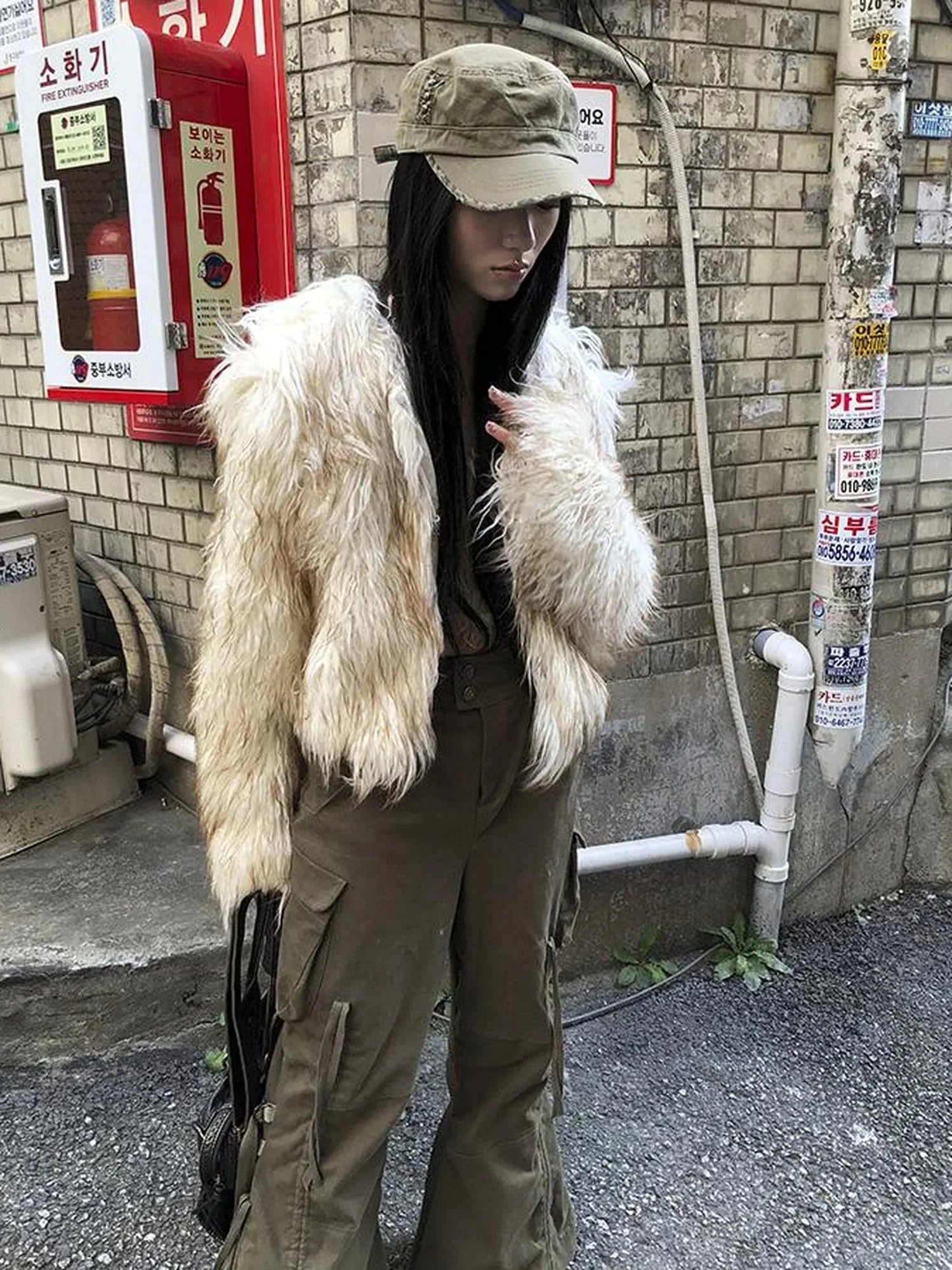 Light Winter Eco Fur Coat Women Color Block Design