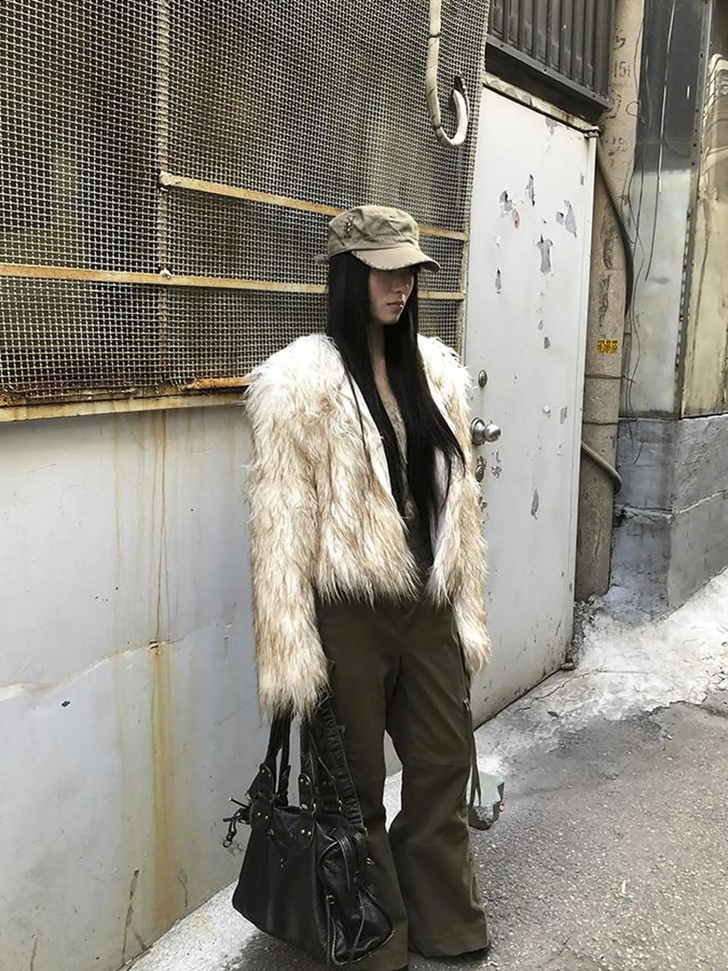 Light Winter Eco Fur Coat Women Color Block Design