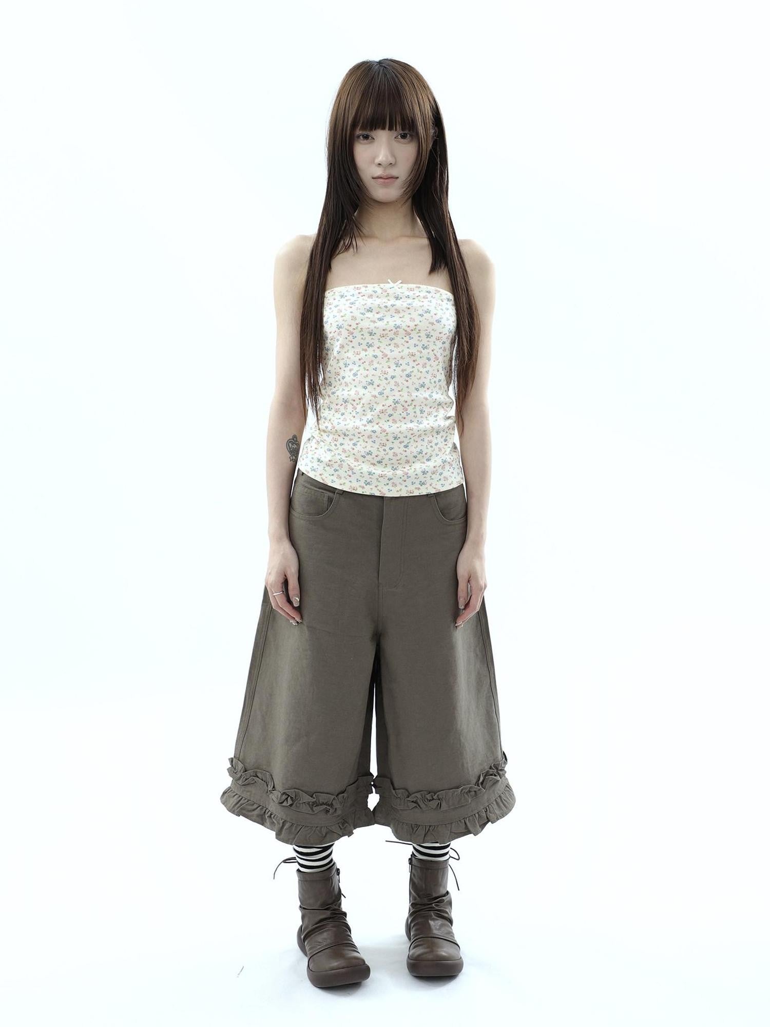 ang project Light Yellow Korean Floral Print Bow Cropped Slim Women&
