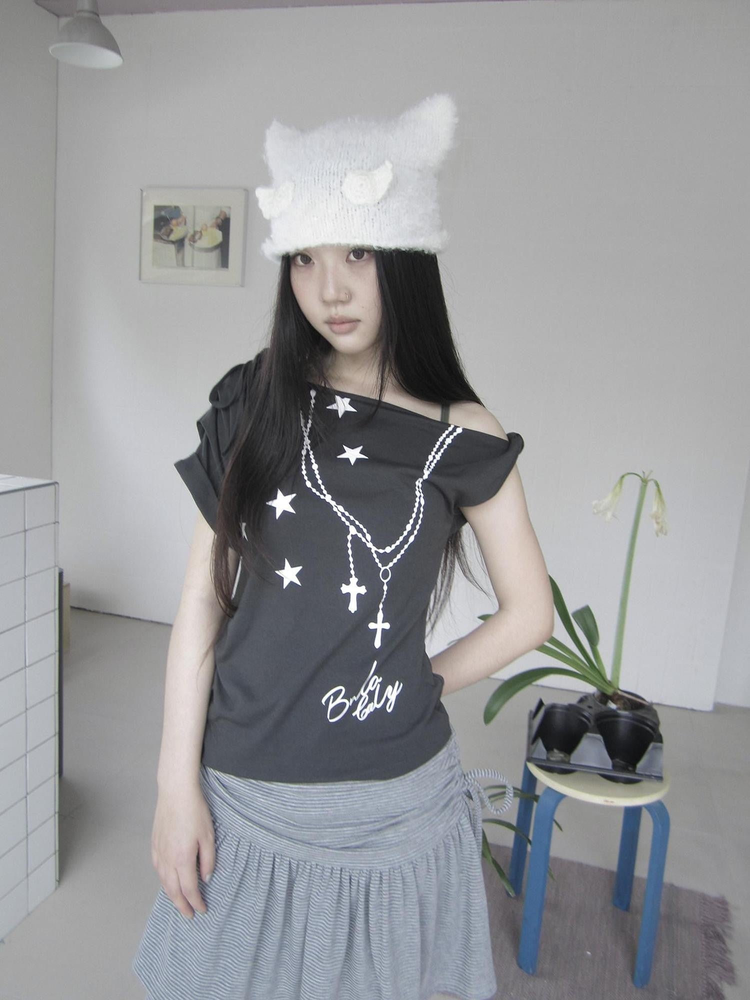 ang project Lightweight Asymmetric Star Print Lace Up Women&