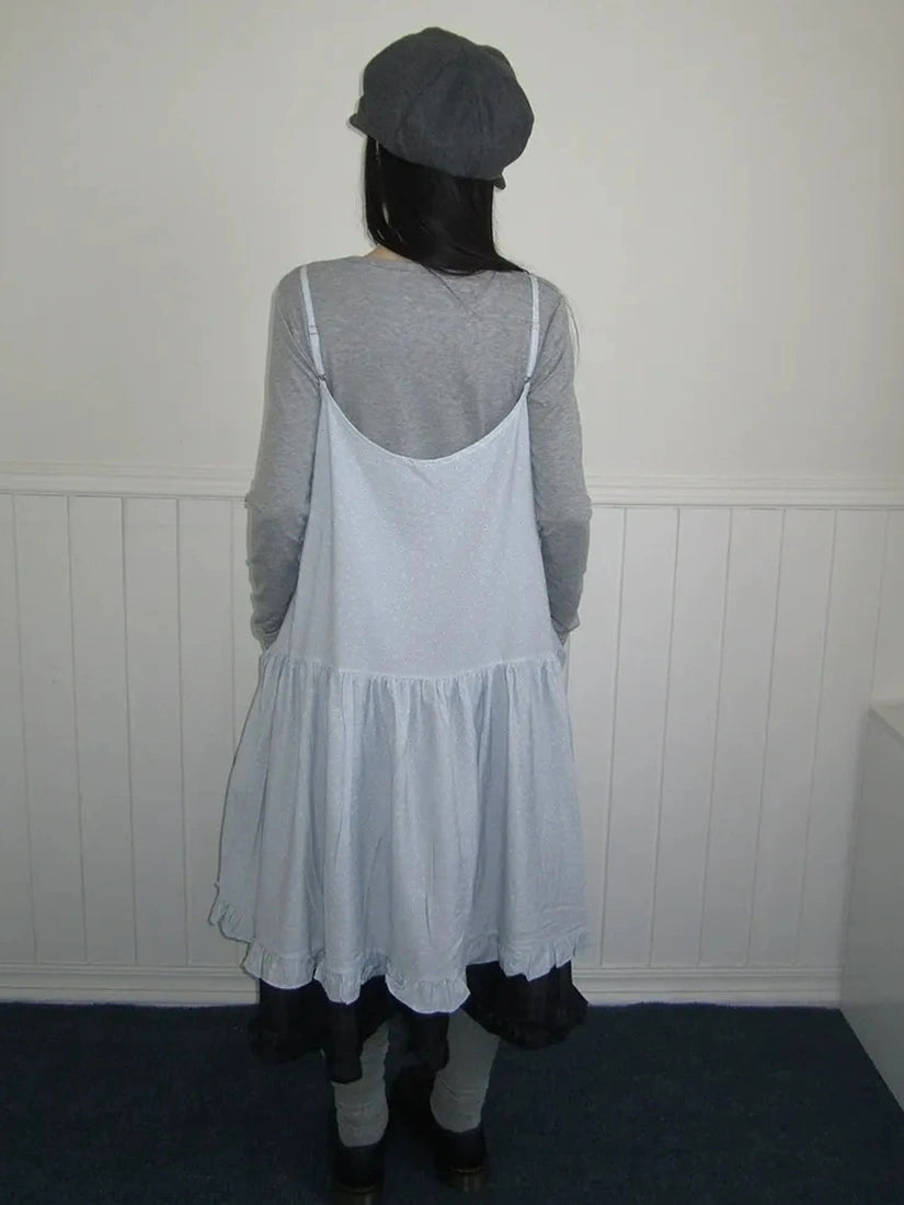 ang project Lightweight Polka Dot Print Layered Slip Dress V-neck T-shirt Long Sleeve Dresses