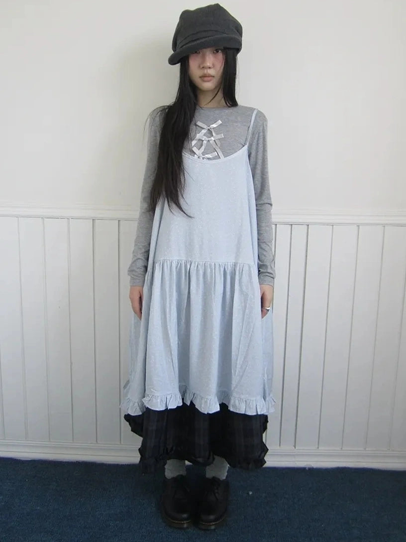 ang project Lightweight Polka Dot Print Layered Slip Dress V-neck T-shirt Long Sleeve Dresses