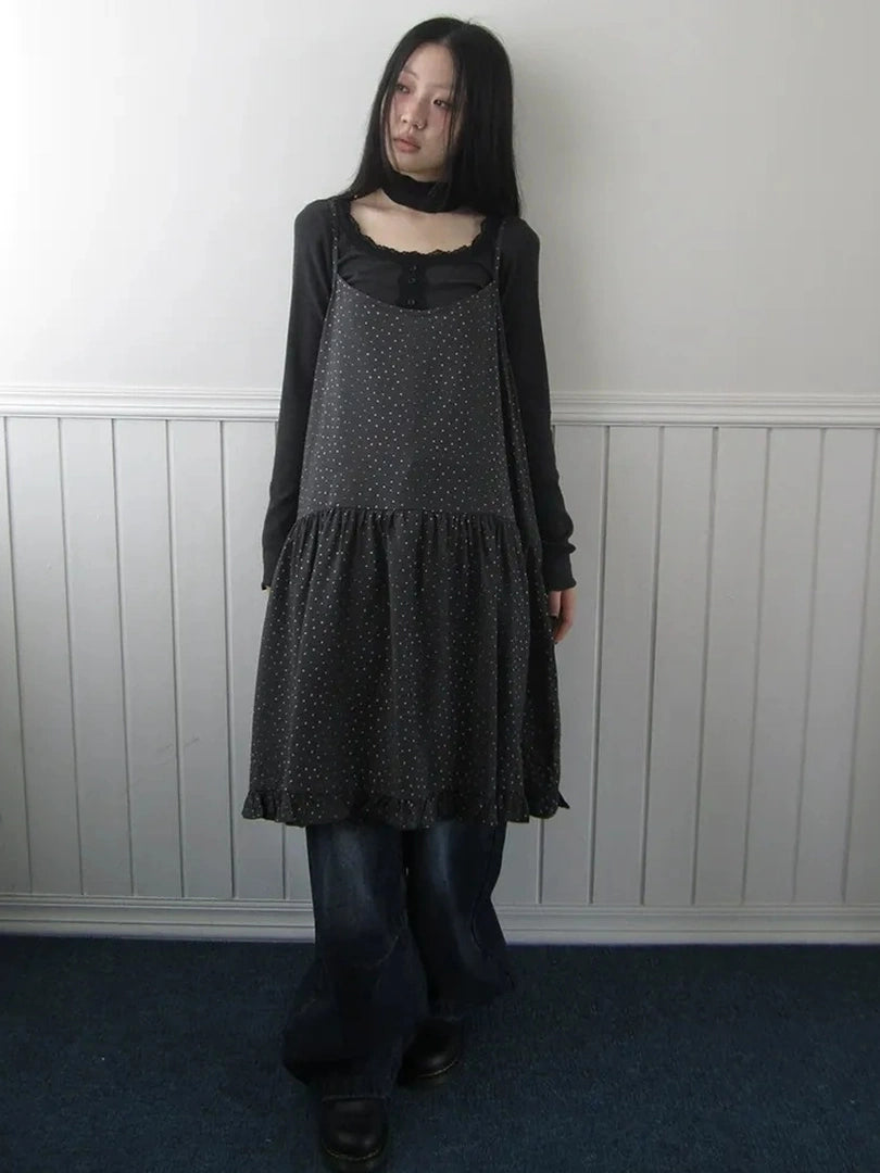 ang project Lightweight Polka Dot Print Layered Slip Dress V-neck T-shirt Long Sleeve Dresses