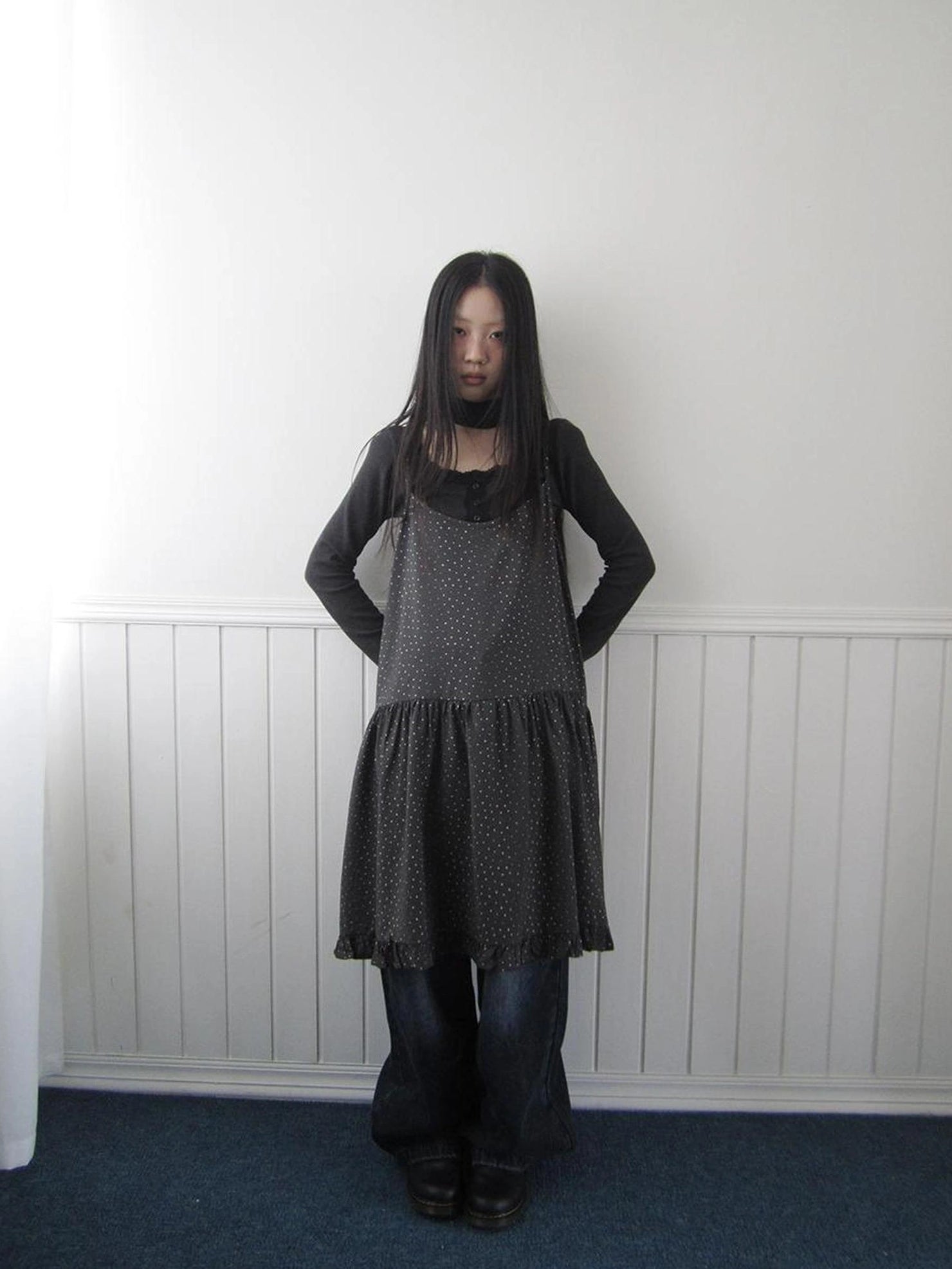 ang project Lightweight Polka Dot Print Layered Slip Dress V-neck T-shirt Long Sleeve Dresses